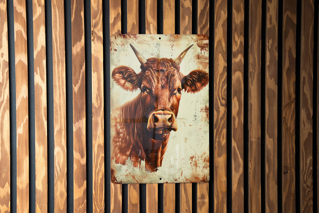 a picture of a cow on a wooden wall