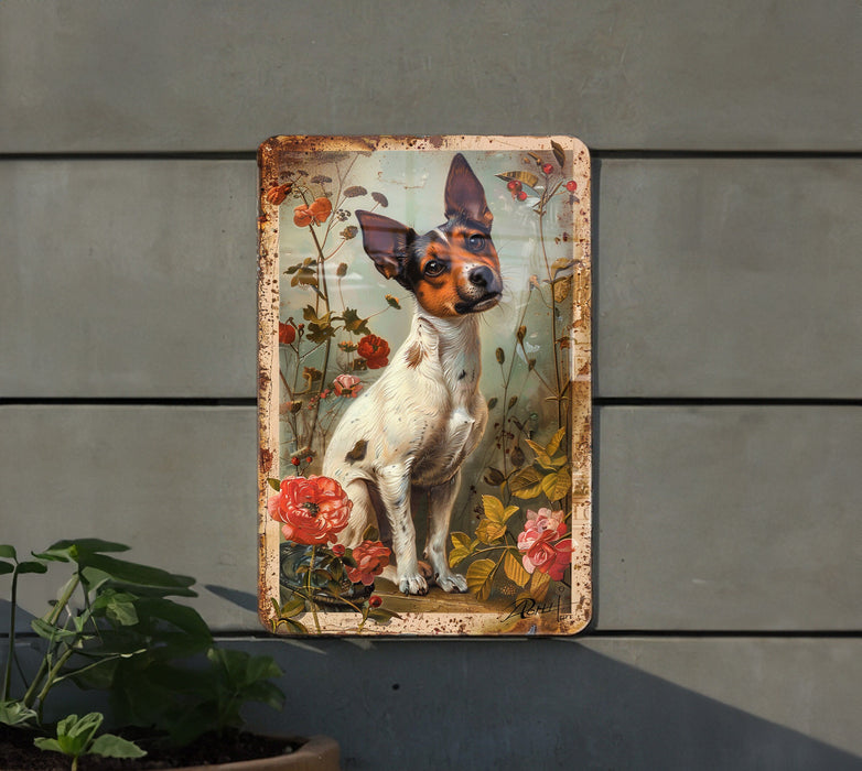 a painting of a dog is hanging on a wall