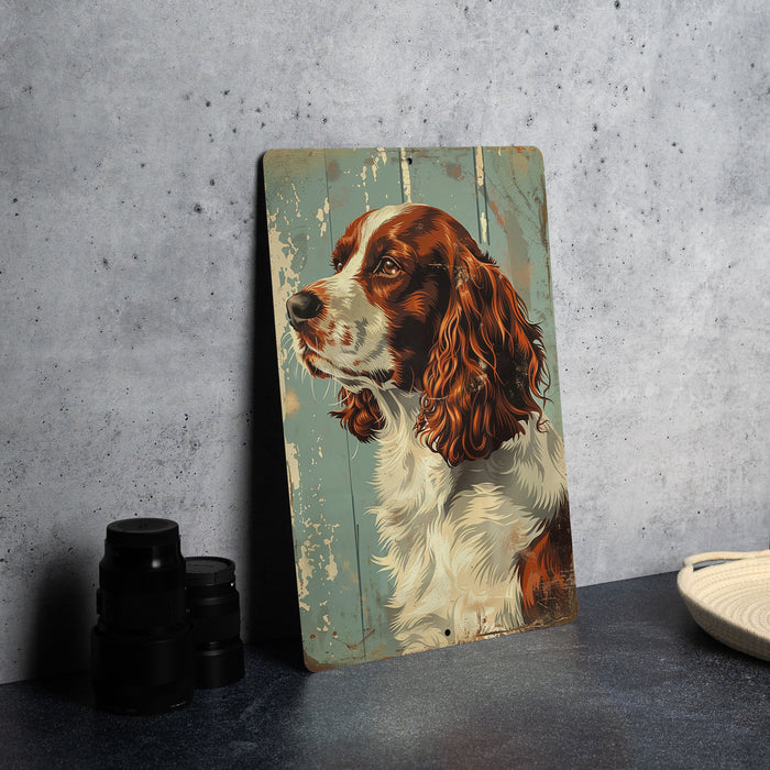 a painting of a brown and white dog sitting on a table