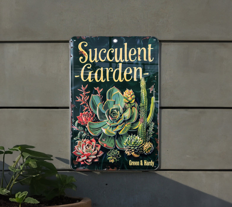 a succulent garden sign hanging on a wall