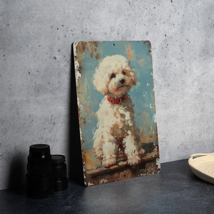 a painting of a white dog on a blue background