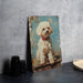 a painting of a white dog on a blue background