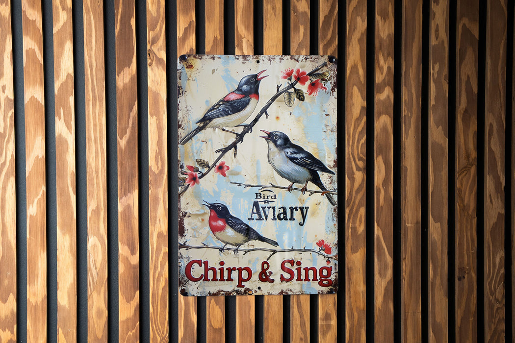 a sign on the side of a building with birds on it