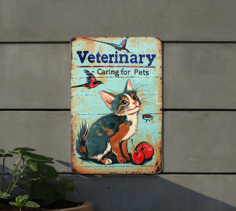 a sign on the side of a building that says veterinary caring for pets