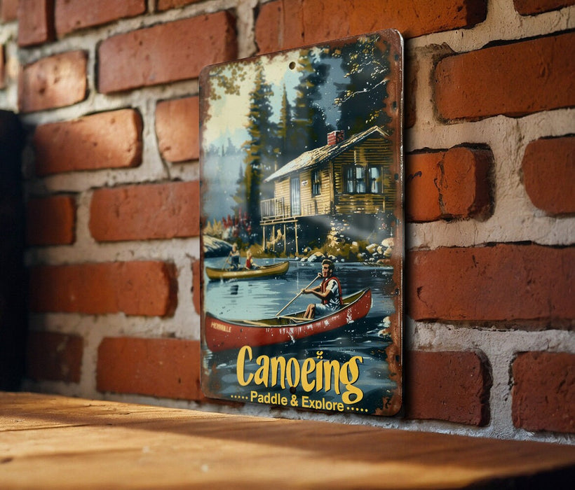 a picture of a canoe on a brick wall