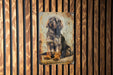 a painting of a dog on a wooden wall