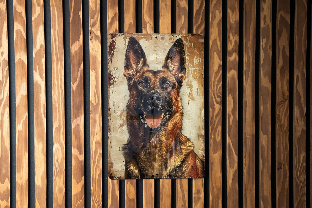 a picture of a german shepard on a wooden wall