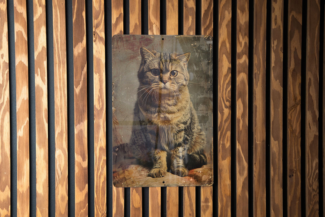 a picture of a cat on a wooden wall