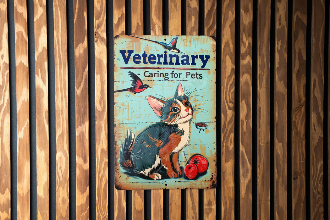 a sign on a wooden wall that says veterinary caring for pets