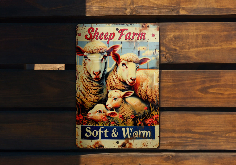 a picture of a sheep farm sign on a wooden bench