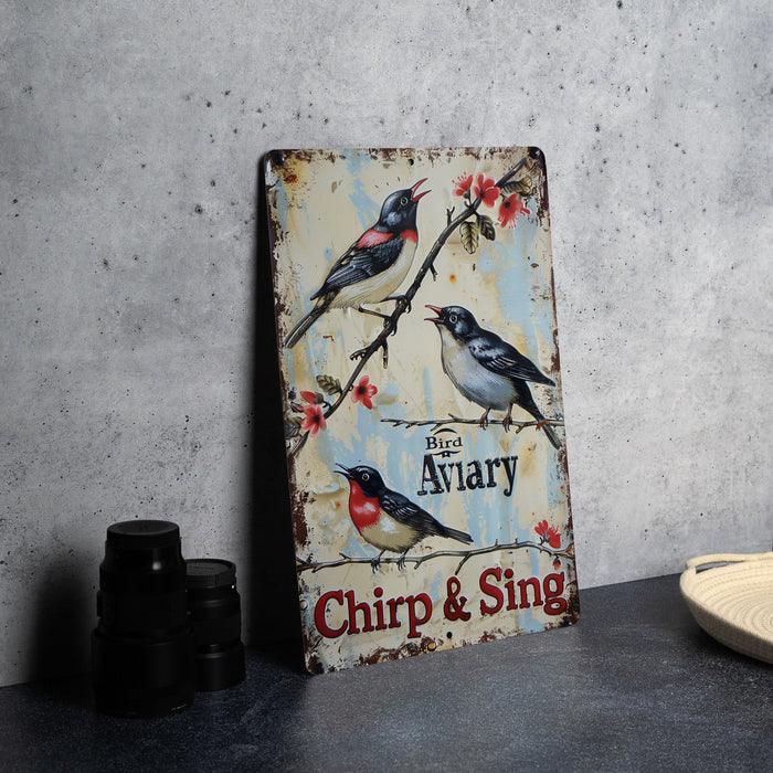 a metal sign with birds sitting on a branch