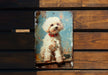 a picture of a white dog on a wooden bench