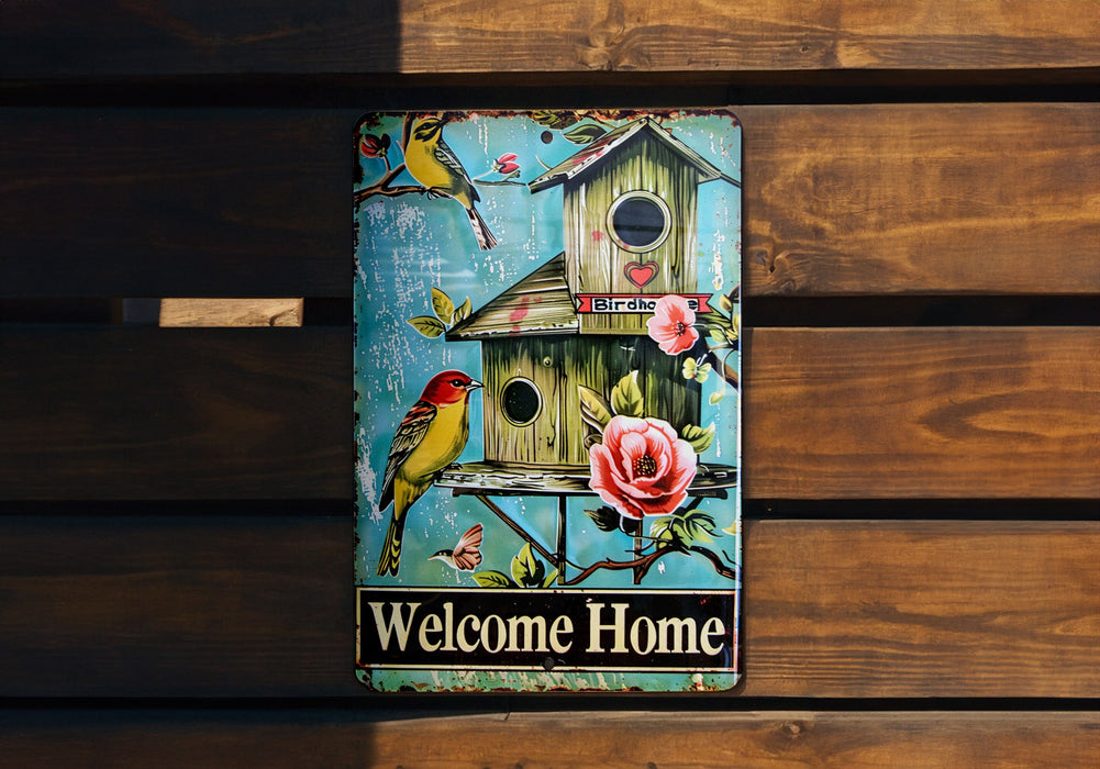 a welcome home sign on a wooden bench