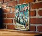 a ski lodge sign on a brick wall