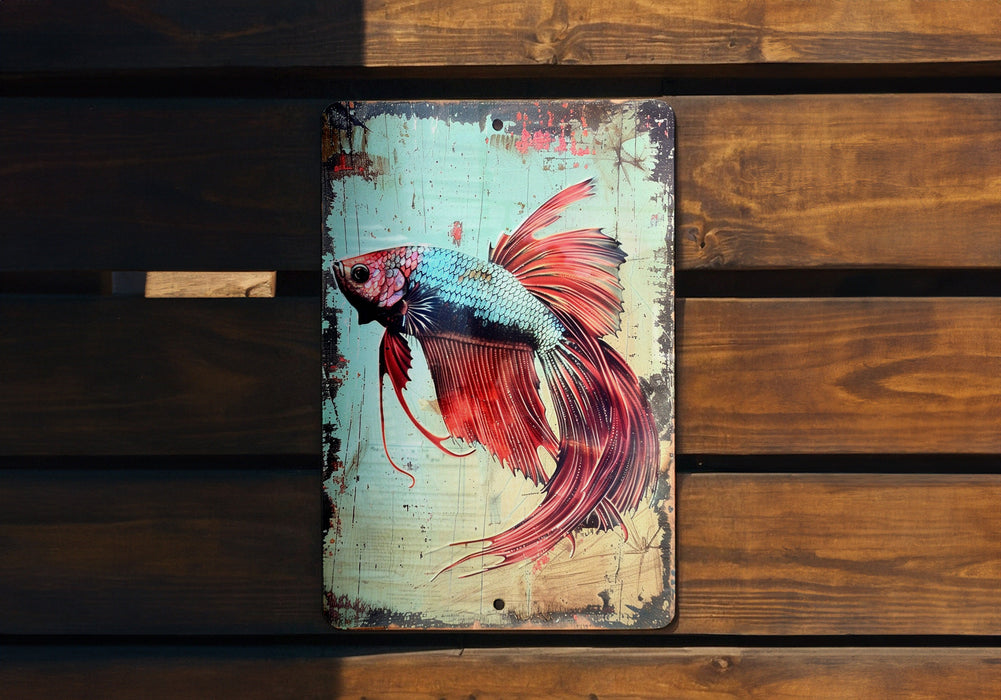 a painting of a siamese fish on a wooden bench