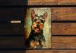 a painting of a dog on a wooden bench