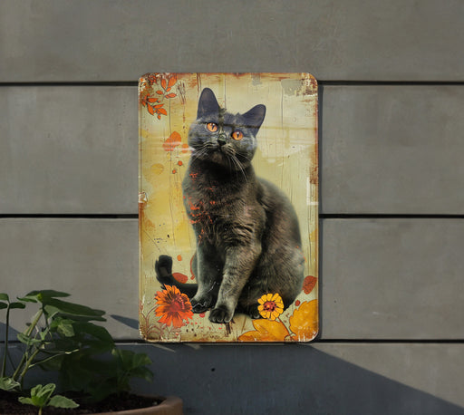 a picture of a black cat sitting on a sign
