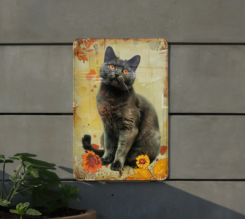 a picture of a black cat sitting on a sign