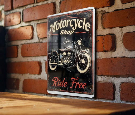 a motorcycle shop sign on a brick wall