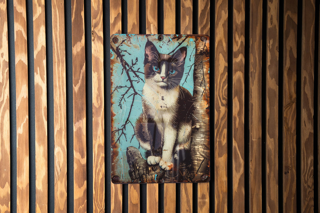 a picture of a cat on a wooden wall