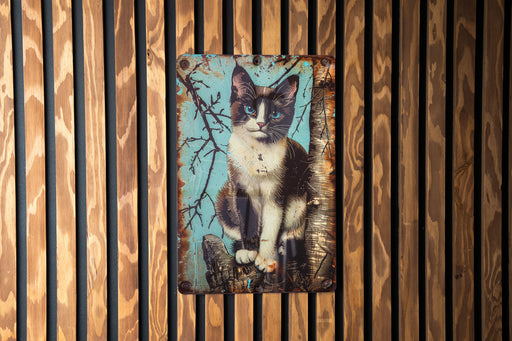 a picture of a cat on a wooden wall