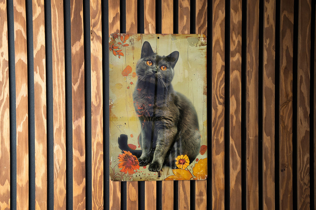 a picture of a cat on a wooden wall