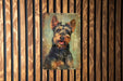 a painting of a dog on a wooden wall