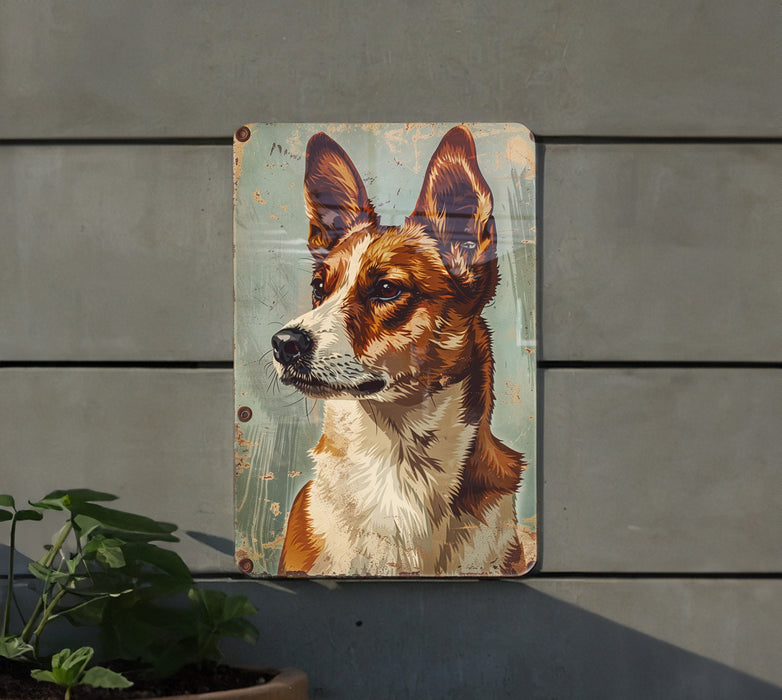 a picture of a dog on a metal sign
