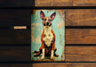 a picture of a dog sitting on a wooden bench