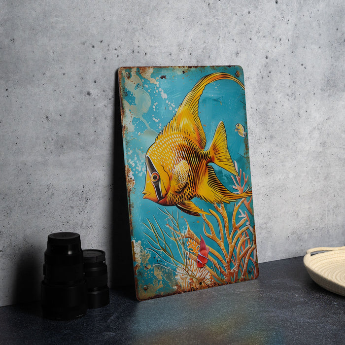 a painting of a goldfish on a blue background