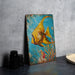 a painting of a goldfish on a blue background