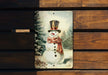a picture of a snowman on a wooden bench