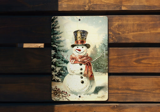 a picture of a snowman on a wooden bench