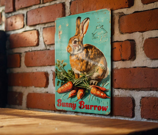 a picture of a rabbit on a sign on a brick wall