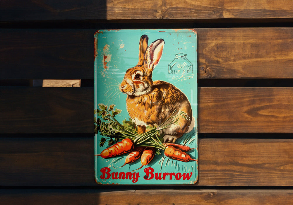 a metal bunny burrow sign on a wooden wall