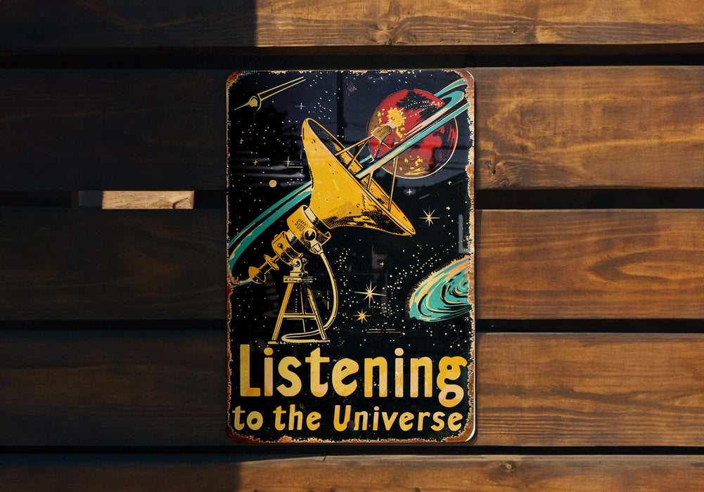 a metal sign that reads listening to the universe