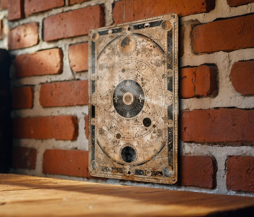 a wooden table with a brick wall in the background