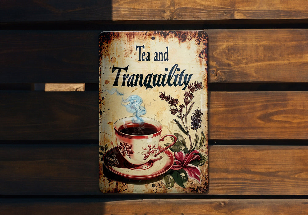 a tea and tranquility sign on a wooden bench