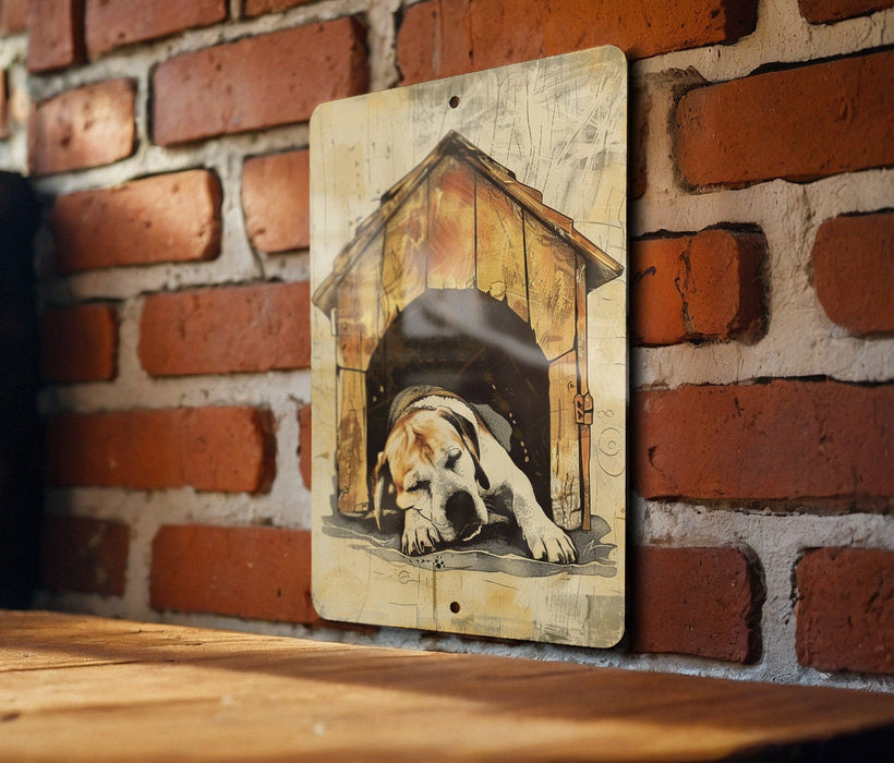 a picture of a dog in a dog house on a brick wall