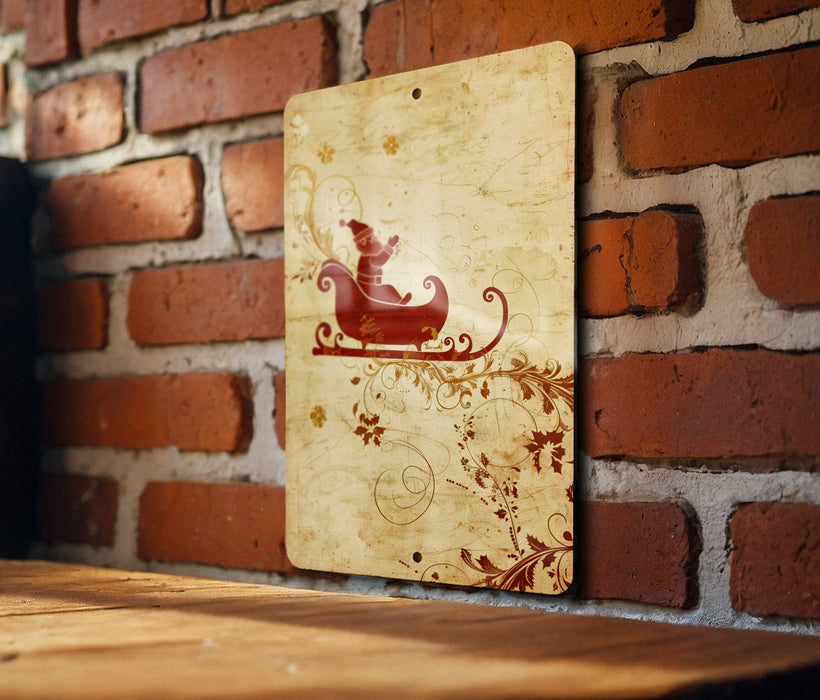 a picture of a santa sleigh on a brick wall