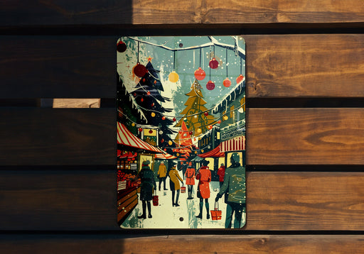 a picture of a christmas scene on a wooden bench