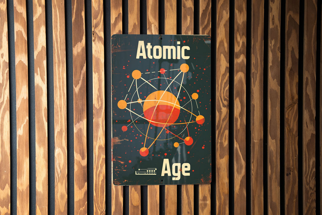 a sign on a wooden wall that says atomic age