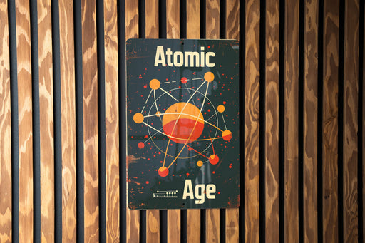 a sign on a wooden wall that says atomic age