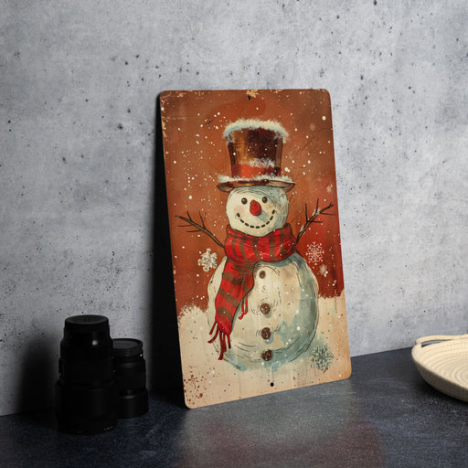 a painting of a snowman with a top hat and scarf