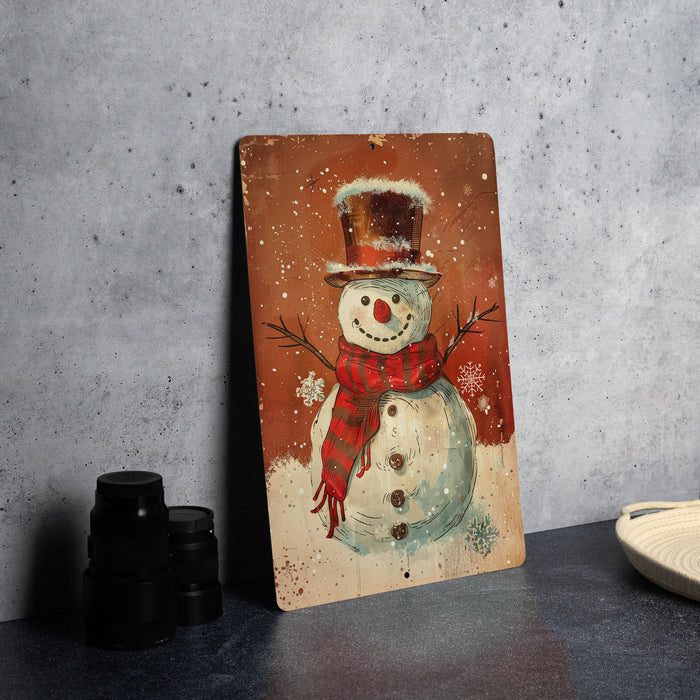 a painting of a snowman with a top hat and scarf