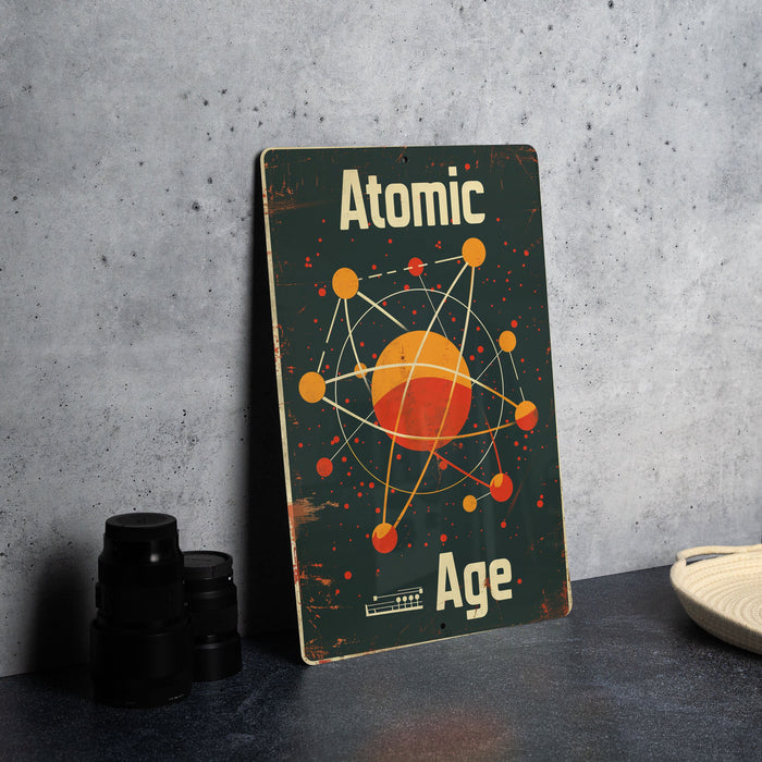 a metal sign sitting on top of a table