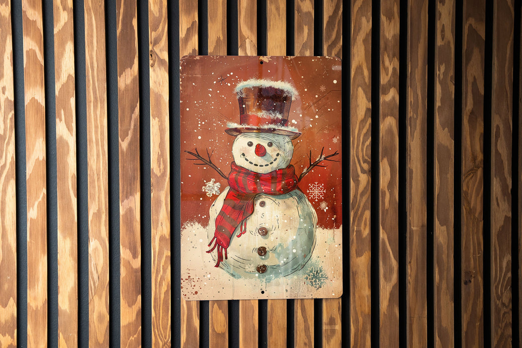 a painting of a snowman on a wooden wall