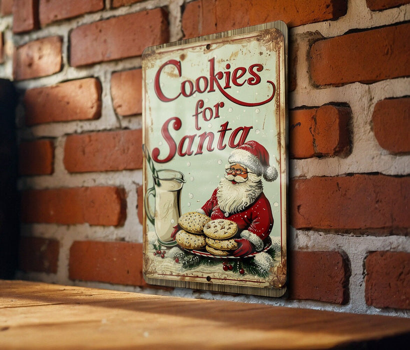 a sign on a brick wall that says cookies for santa