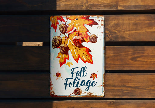 a sign on a wooden bench that says fall foliage