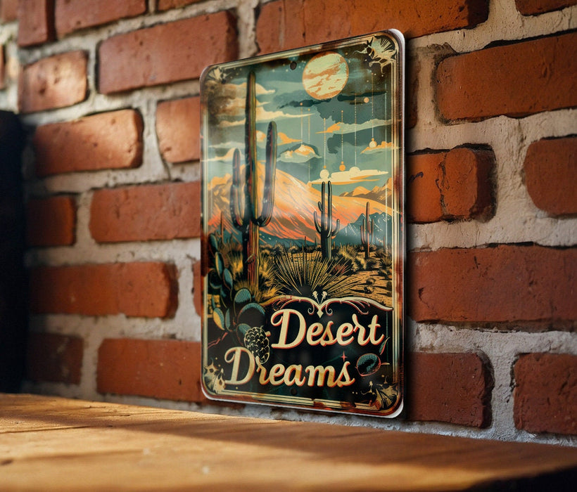 a sign on a brick wall that says desert dreams
